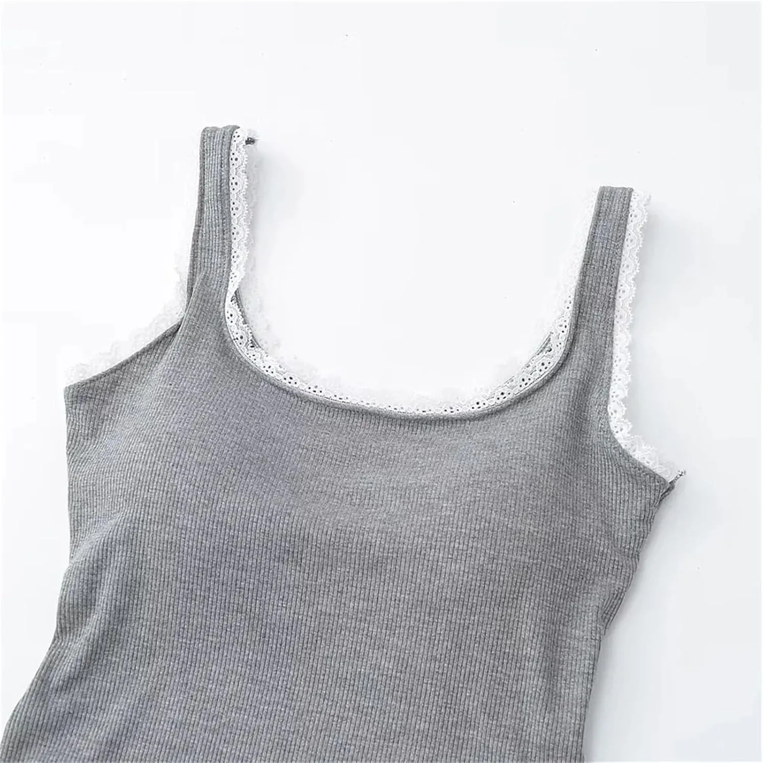 Women's Square Neck Sleeveless Tops Lace Edge Ribbed Built-in Chest Pad Summer Casual Camisole