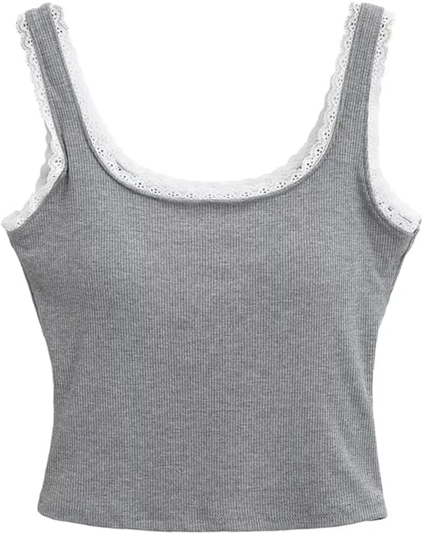 Women's Square Neck Sleeveless Tops Lace Edge Ribbed Built-in Chest Pad Summer Casual Camisole
