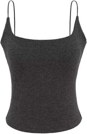 Women's Square Neck Spaghetti Strap Camisole Backless Lace Built-in Chest Pad Ribbed Tank Top