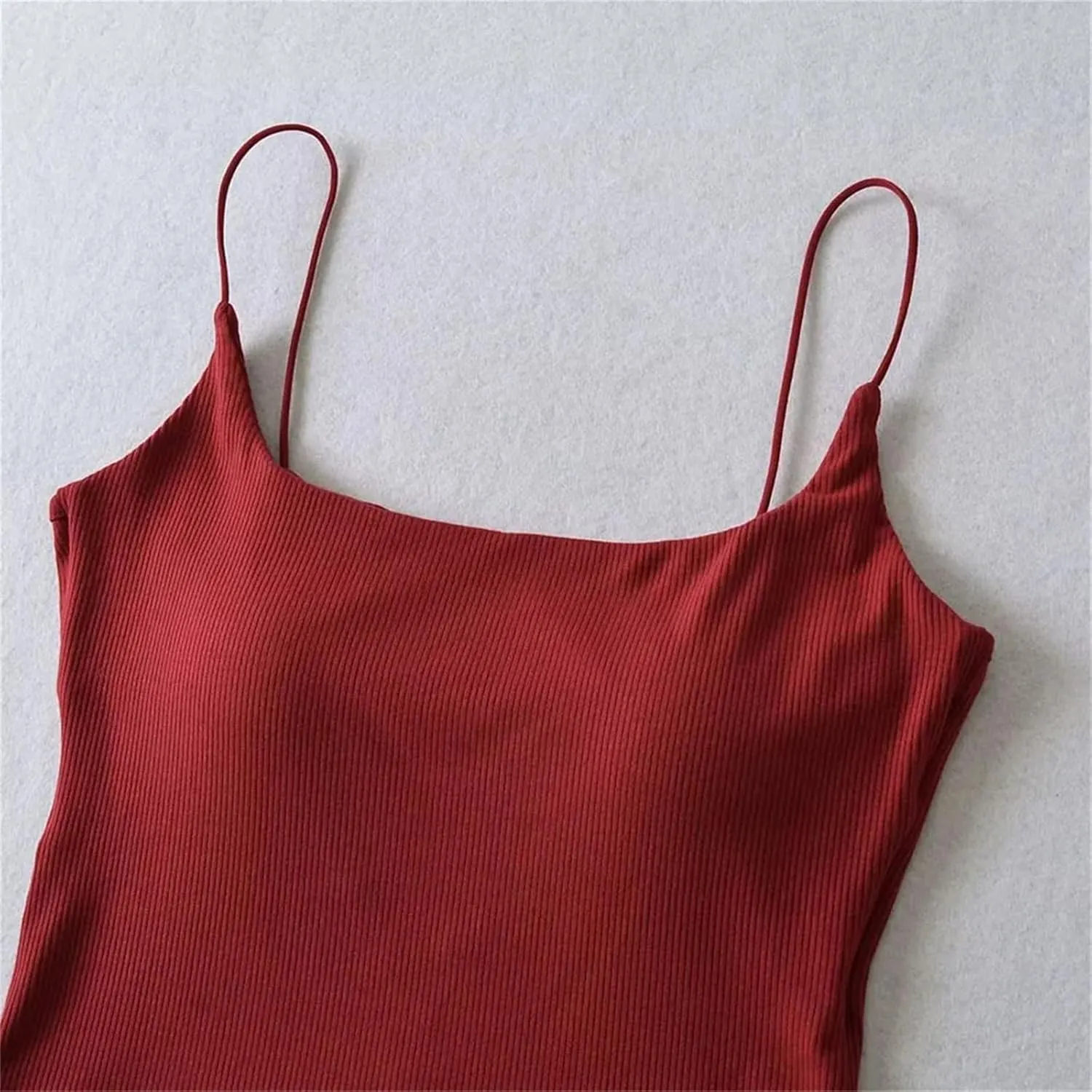 Women's Square Neck Spaghetti Strap Camisole Backless Lace Built-in Chest Pad Ribbed Tank Top