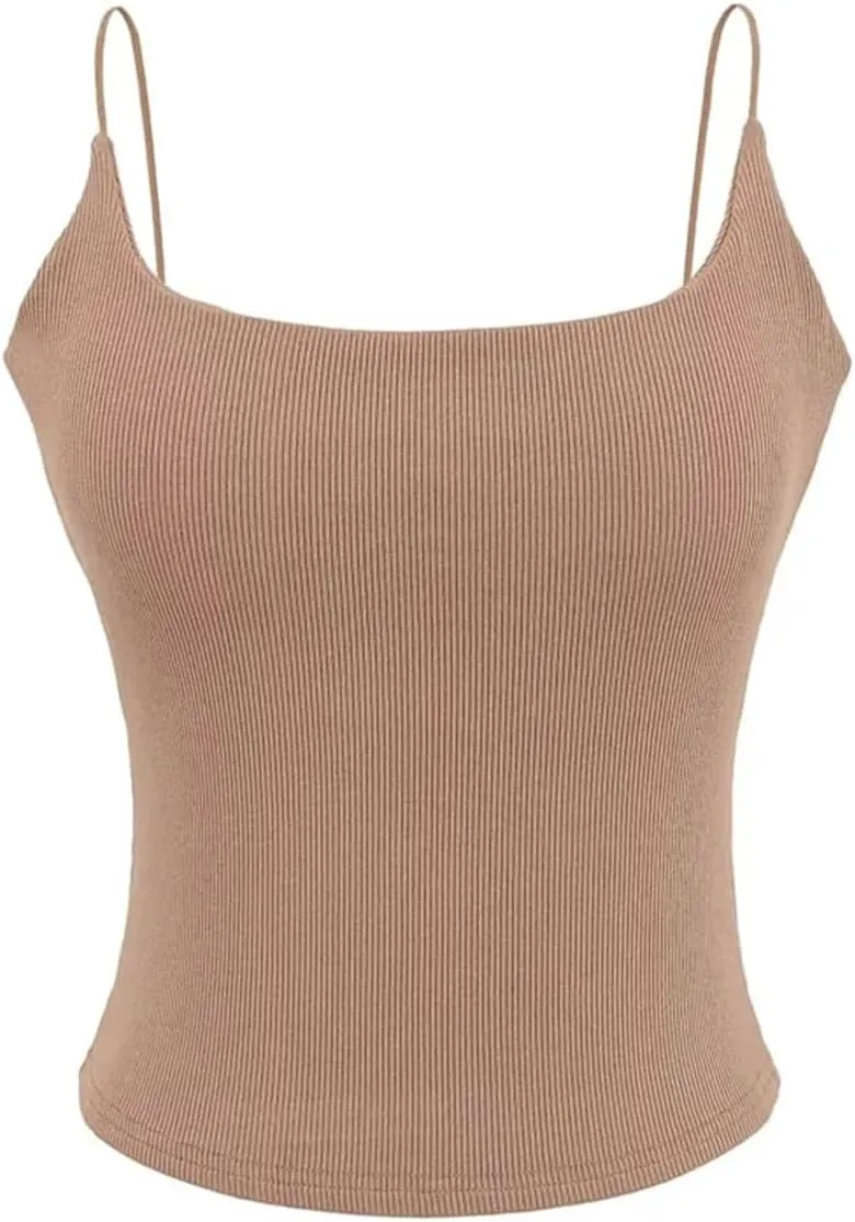 Women's Square Neck Spaghetti Strap Camisole Backless Lace Built-in Chest Pad Ribbed Tank Top