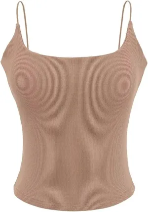 Women's Square Neck Spaghetti Strap Camisole Backless Lace Built-in Chest Pad Ribbed Tank Top