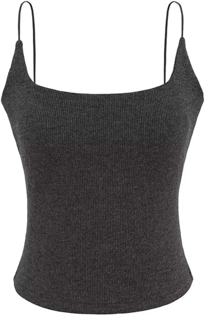 Women's Square Neck Spaghetti Strap Camisole Backless Lace Built-in Chest Pad Ribbed Tank Top