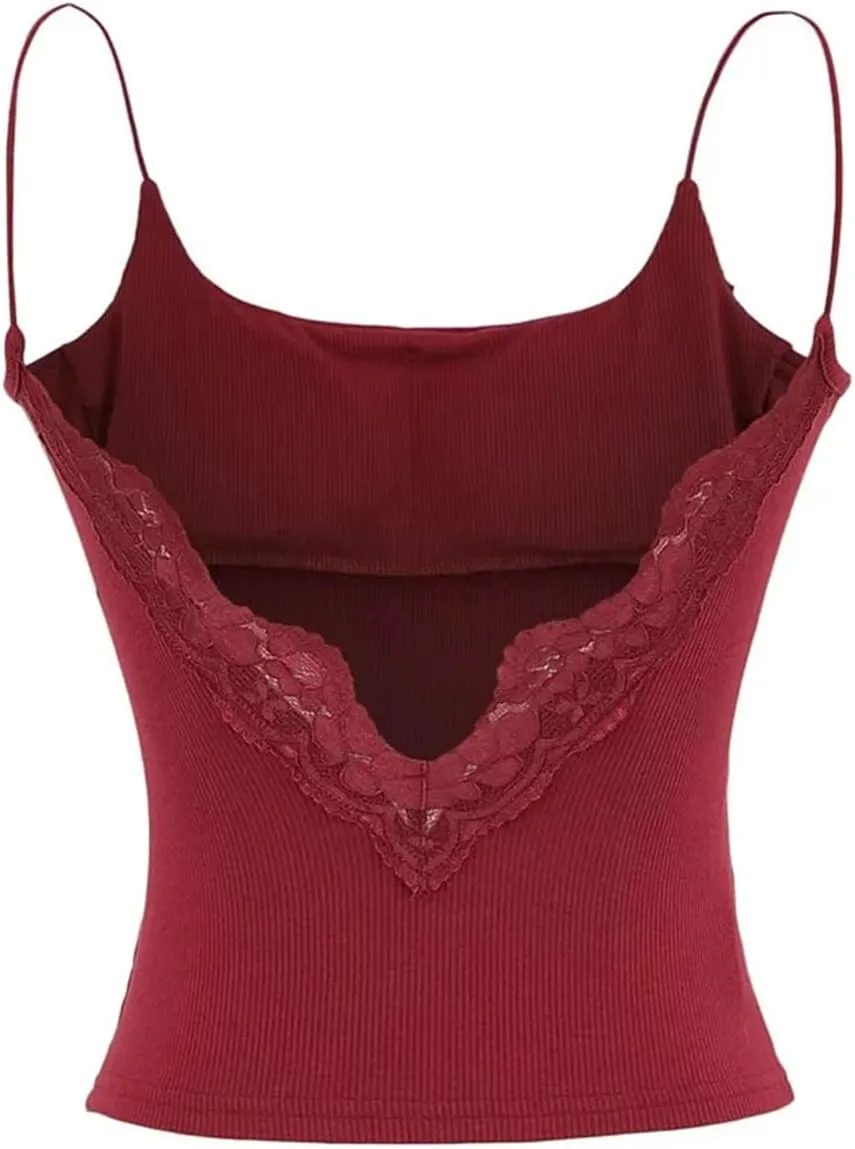 Women's Square Neck Spaghetti Strap Camisole Backless Lace Built-in Chest Pad Ribbed Tank Top