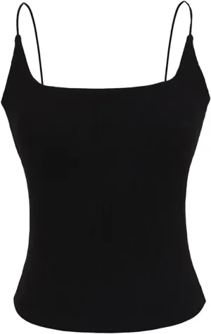 Women's Square Neck Spaghetti Strap Camisole Backless Lace Built-in Chest Pad Ribbed Tank Top