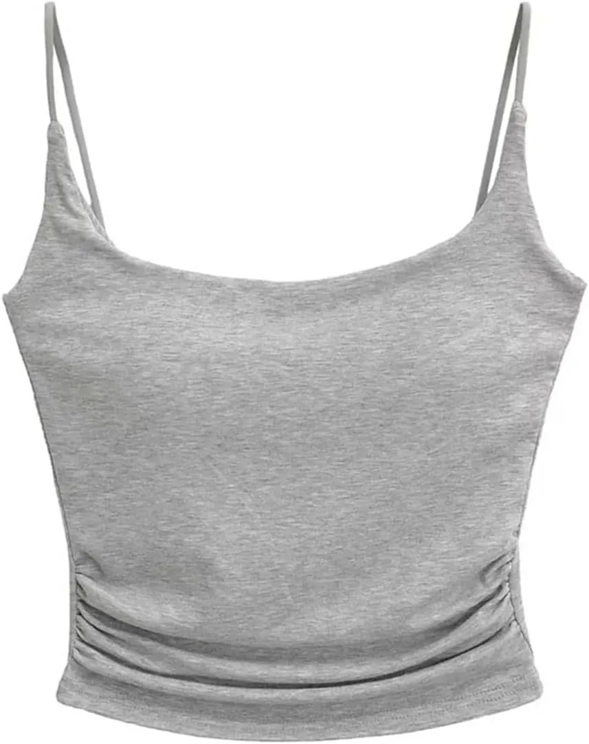 Women's Square Neck Spaghetti Strap Camisole Built-in Chest Pad Summer Casual Slim Fit Tank Top