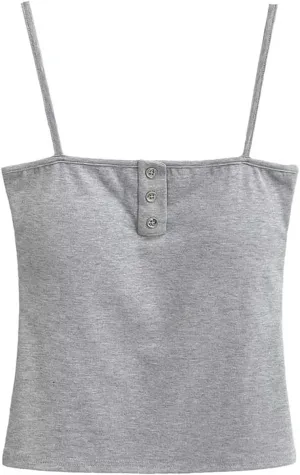 Women's Square Neck Spaghetti Strap Camisole Button-Up Slim Fit Casual Tank Top