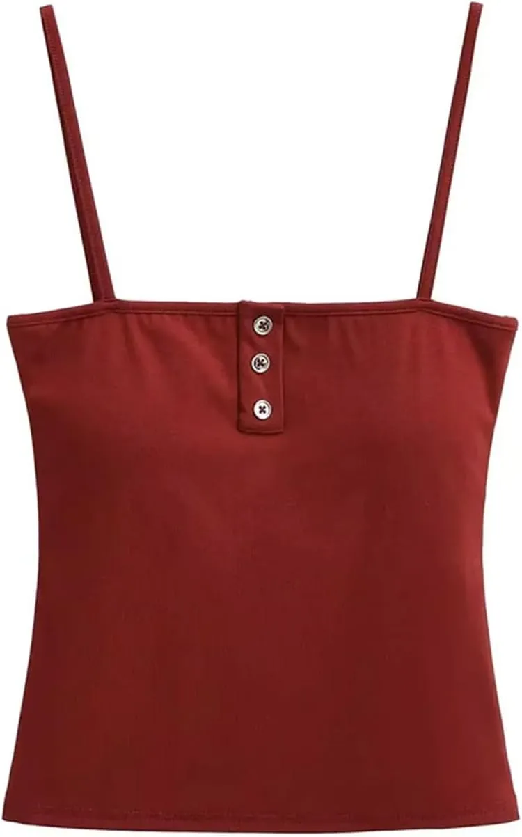 Women's Square Neck Spaghetti Strap Camisole Button-Up Slim Fit Casual Tank Top
