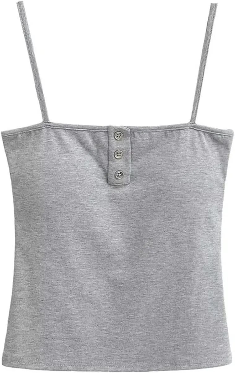 Women's Square Neck Spaghetti Strap Camisole Button-Up Slim Fit Casual Tank Top