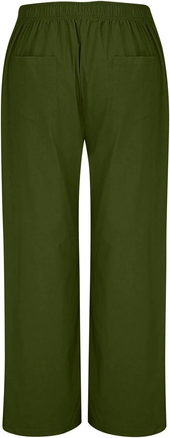 Women's Summer High-Waisted Trousers Button Elastic Waist Wide-Leg Pants Beach Cotton Linen Casual Palazzo Pant