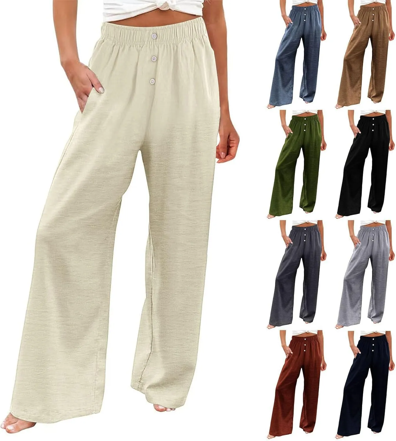 Women's Summer High-Waisted Trousers Button Elastic Waist Wide-Leg Pants Beach Cotton Linen Casual Palazzo Pant