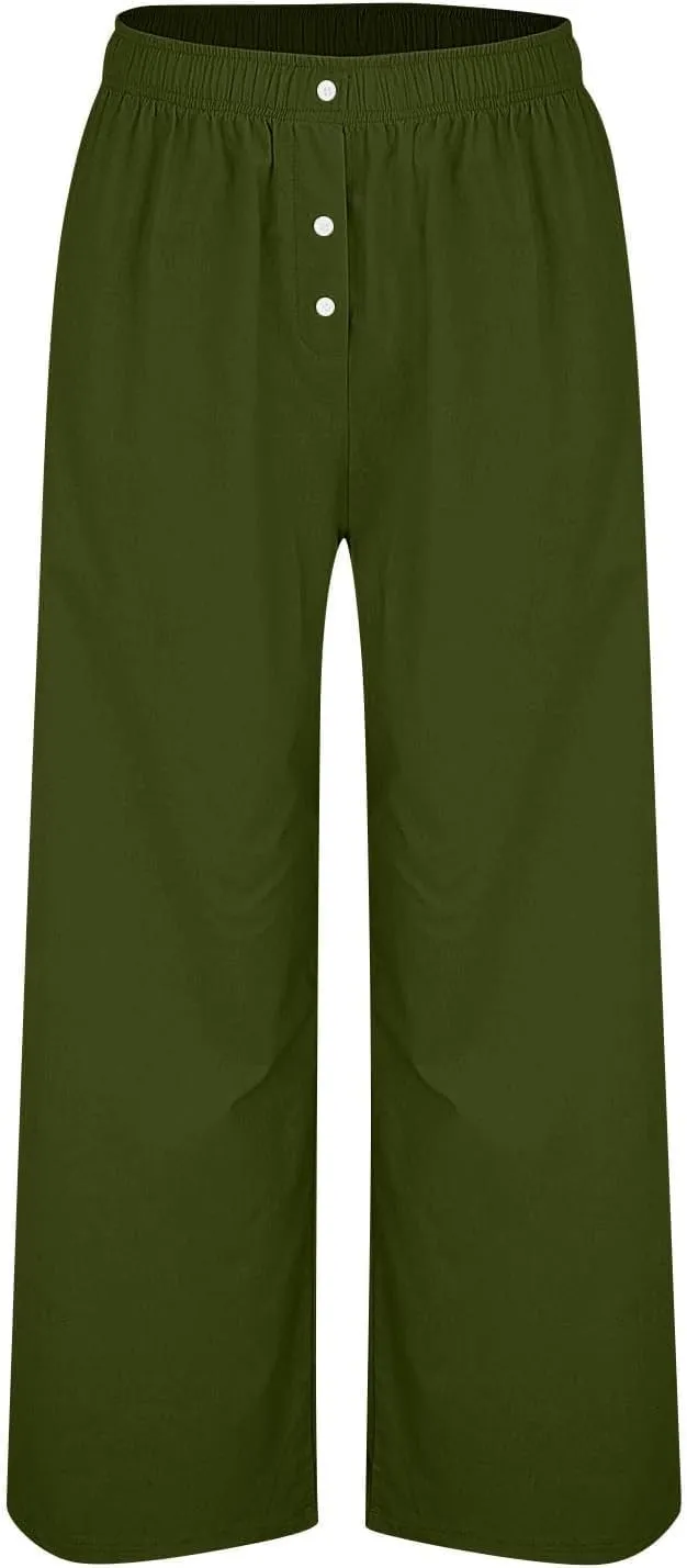 Women's Summer High-Waisted Trousers Button Elastic Waist Wide-Leg Pants Beach Cotton Linen Casual Palazzo Pant