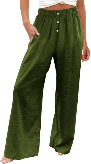 Women's Summer High-Waisted Trousers Button Elastic Waist Wide-Leg Pants Beach Cotton Linen Casual Palazzo Pant