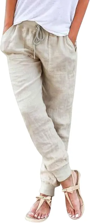 Womens Tapered Linen Pants Ankle Cotton Linen Drawstring Back Elastic Waist Pants Casual Trousers Capris with Pockets