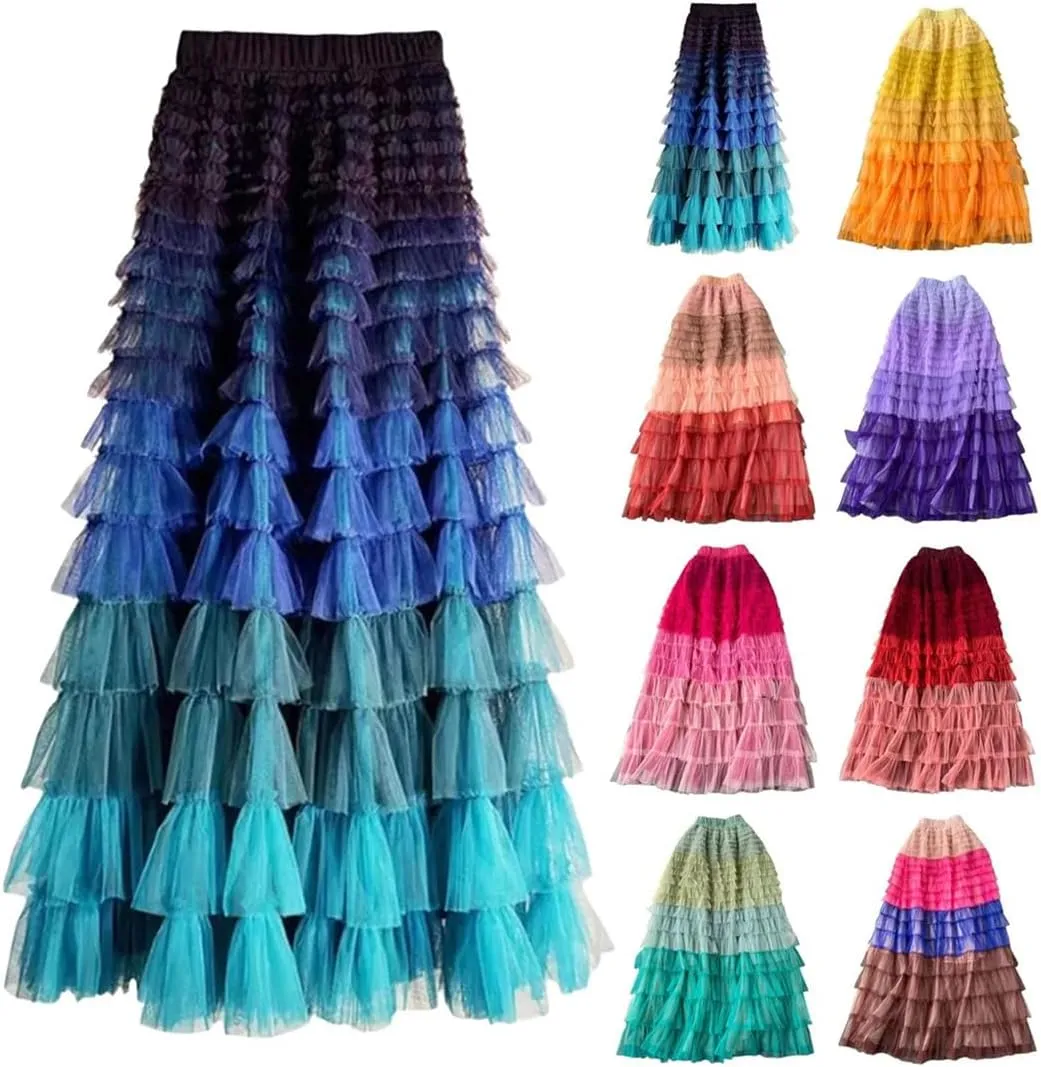 Women's Tiered Ruffle Tulle Skirt Mesh Ombre Pleated Stretch High Waist Maxi Skirts