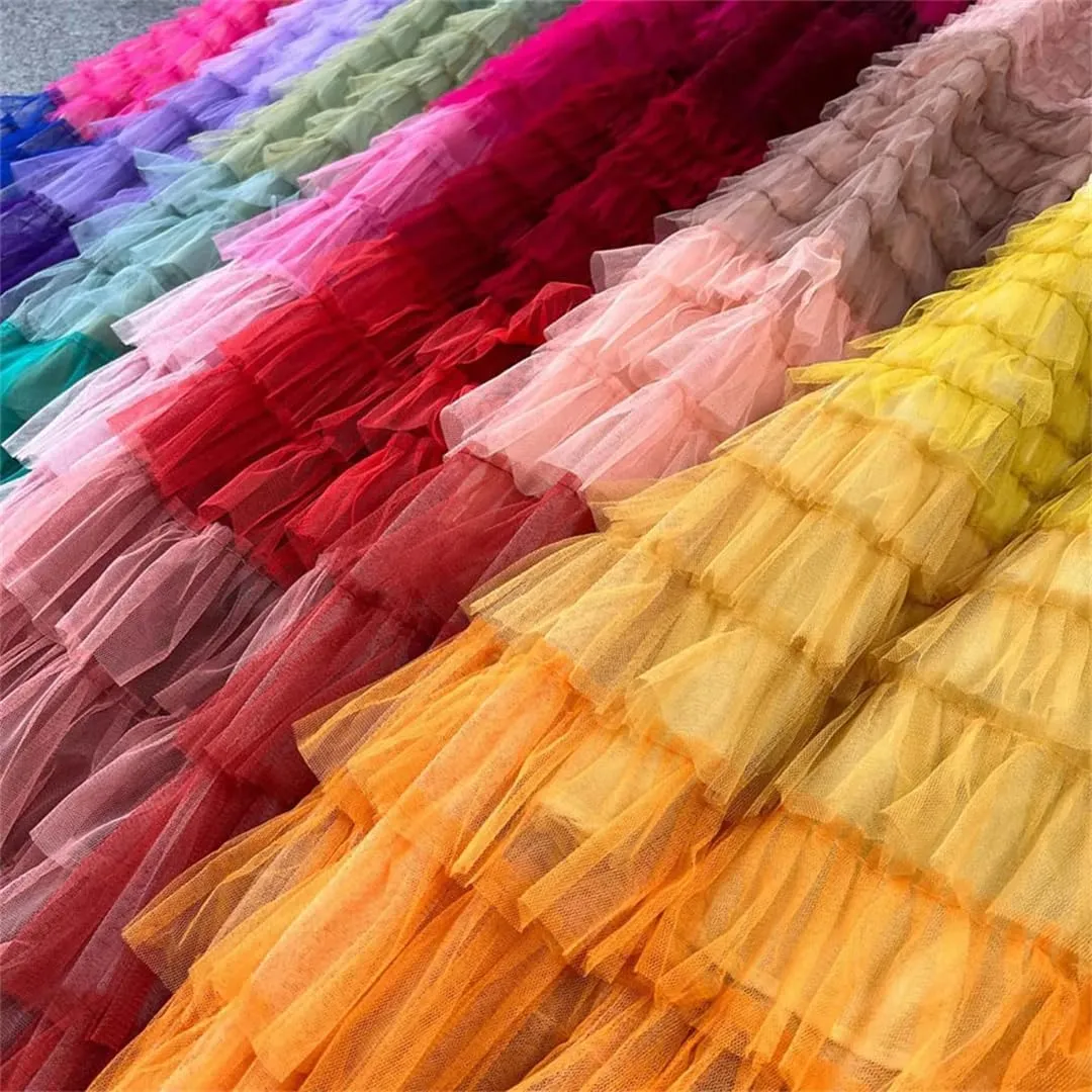 Women's Tiered Ruffle Tulle Skirt Mesh Ombre Pleated Stretch High Waist Maxi Skirts