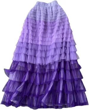 Women's Tiered Ruffle Tulle Skirt Mesh Ombre Pleated Stretch High Waist Maxi Skirts