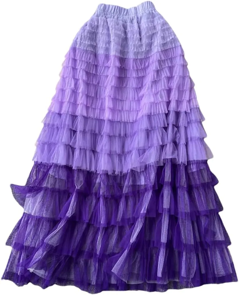 Women's Tiered Ruffle Tulle Skirt Mesh Ombre Pleated Stretch High Waist Maxi Skirts