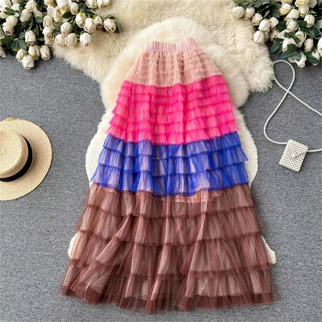 Women's Tiered Ruffle Tulle Skirt Mesh Ombre Pleated Stretch High Waist Maxi Skirts