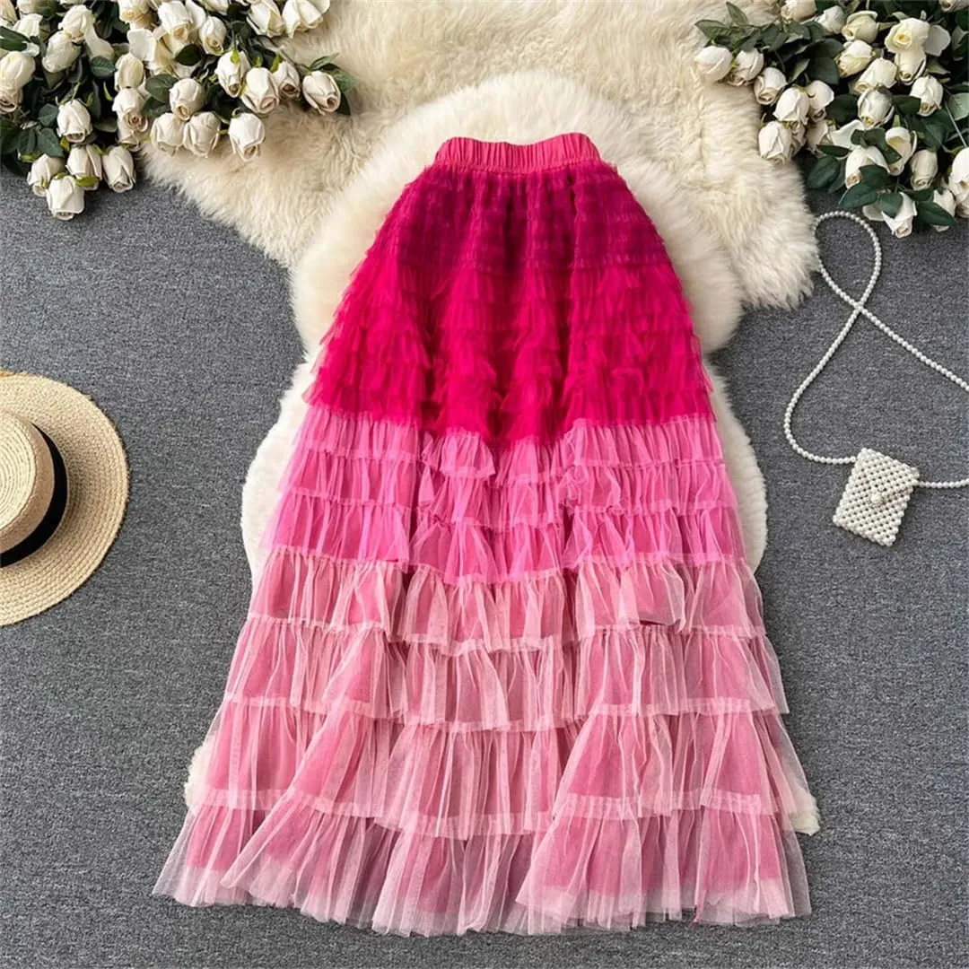 Women's Tiered Ruffle Tulle Skirt Mesh Ombre Pleated Stretch High Waist Maxi Skirts