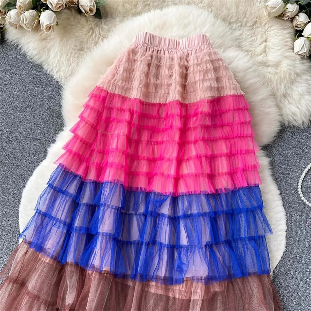 Women's Tiered Ruffle Tulle Skirt Mesh Ombre Pleated Stretch High Waist Maxi Skirts