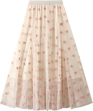 Womens Tiered Tulle Midi Skirt Elastic High Waist A-line Pleated Mesh Flared Cute Skirts