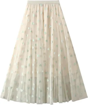Womens Tiered Tulle Midi Skirt Elastic High Waist A-line Pleated Mesh Flared Cute Skirts