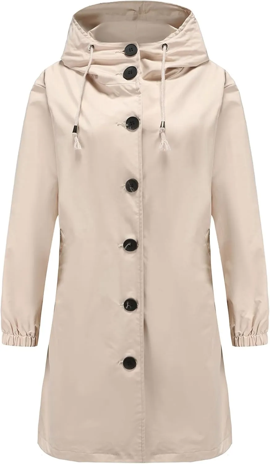 Womens Trench Coat Mid Length Hooded Cuffed Sleeve Rain Jacket Button Long Windproof Rain Coat with Pockets Outdoor