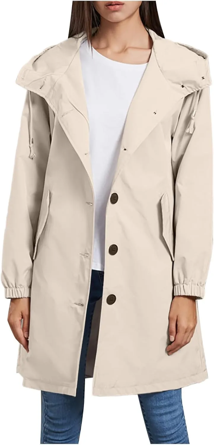 Womens Trench Coat Mid Length Hooded Cuffed Sleeve Rain Jacket Button Long Windproof Rain Coat with Pockets Outdoor