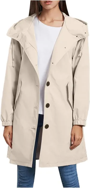 Womens Trench Coat Mid Length Hooded Cuffed Sleeve Rain Jacket Button Long Windproof Rain Coat with Pockets Outdoor
