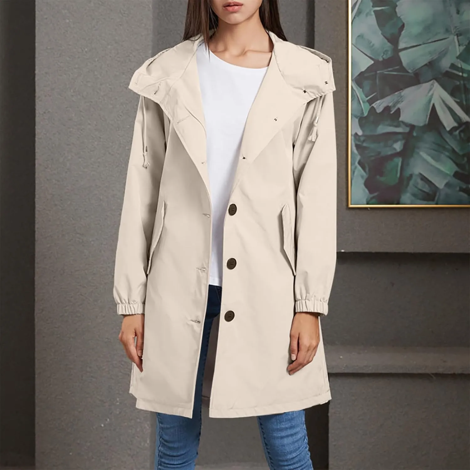 Womens Trench Coat Mid Length Hooded Cuffed Sleeve Rain Jacket Button Long Windproof Rain Coat with Pockets Outdoor