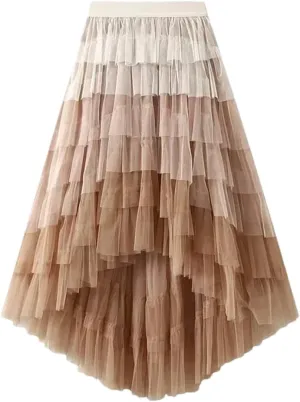Women's Tulle Skirt Ruffle Mesh Irregular Elastic High Waist Gradient Color Midi Skirts