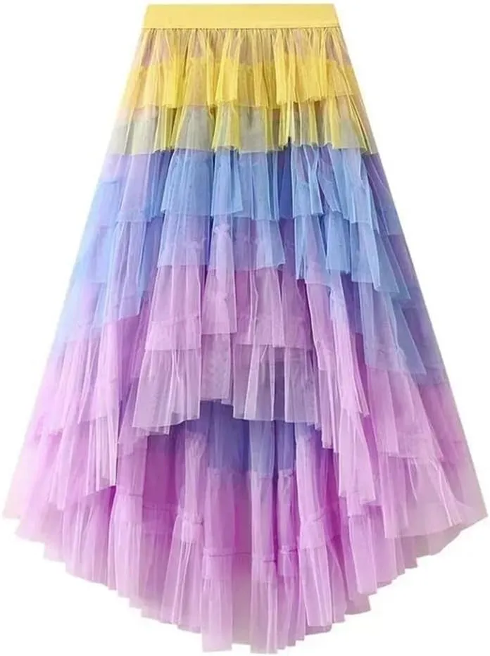 Women's Tulle Skirt Ruffle Mesh Irregular Elastic High Waist Gradient Color Midi Skirts