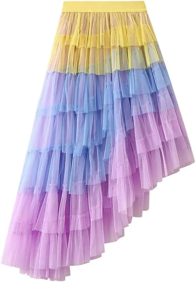 Women's Tulle Skirt Ruffle Mesh Irregular Elastic High Waist Gradient Color Midi Skirts