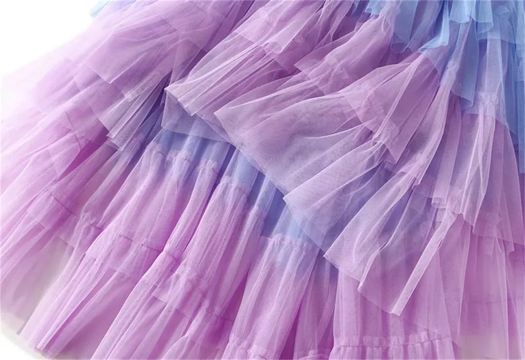 Women's Tulle Skirt Ruffle Mesh Irregular Elastic High Waist Gradient Color Midi Skirts