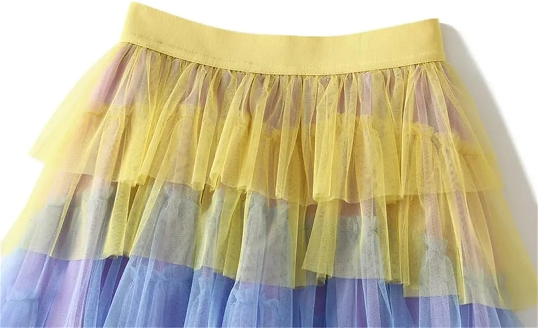 Women's Tulle Skirt Ruffle Mesh Irregular Elastic High Waist Gradient Color Midi Skirts