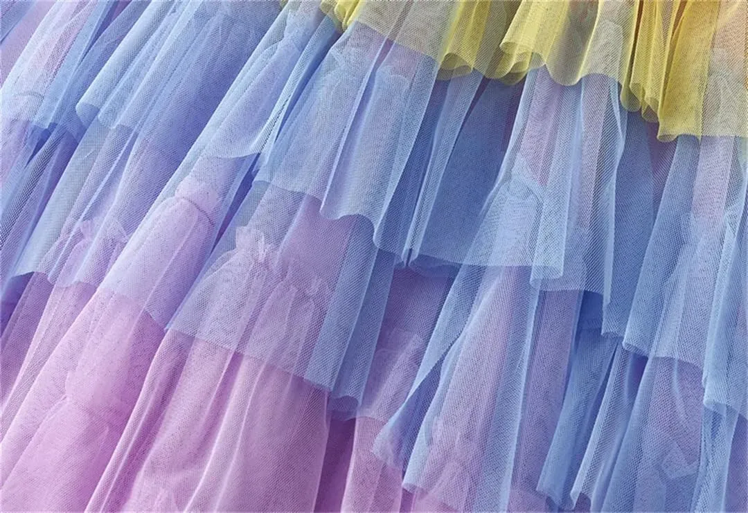 Women's Tulle Skirt Ruffle Mesh Irregular Elastic High Waist Gradient Color Midi Skirts