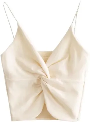 Womens Twist Front Wrap Cropped Cami Tank Tops Spaghetti Strap Double Layer Rib Knit Camisole