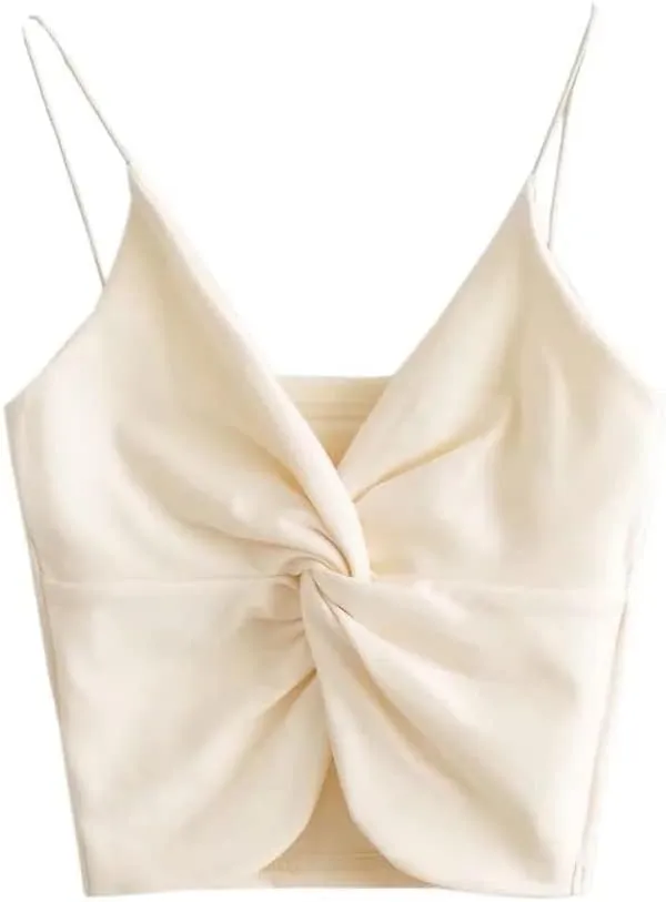 Womens Twist Front Wrap Cropped Cami Tank Tops Spaghetti Strap Double Layer Rib Knit Camisole