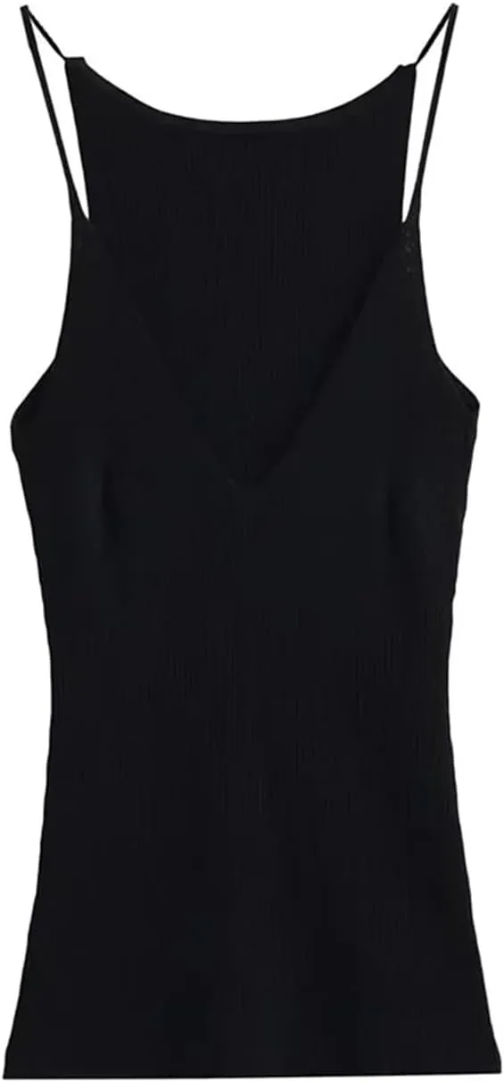 Women's V-Neck Camisole Backless Spaghetti Straps Ribbed Slim Fit Casual Tank Top