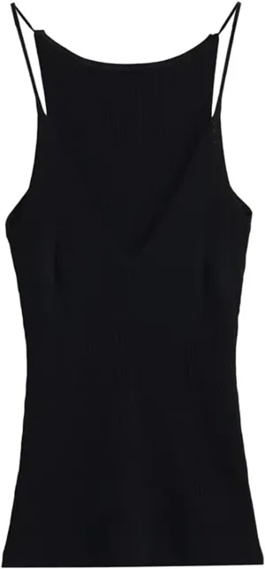 Women's V-Neck Camisole Backless Spaghetti Straps Ribbed Slim Fit Casual Tank Top