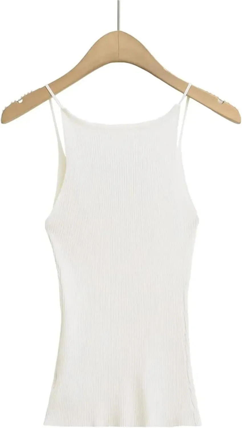Women's V-Neck Camisole Backless Spaghetti Straps Ribbed Slim Fit Casual Tank Top