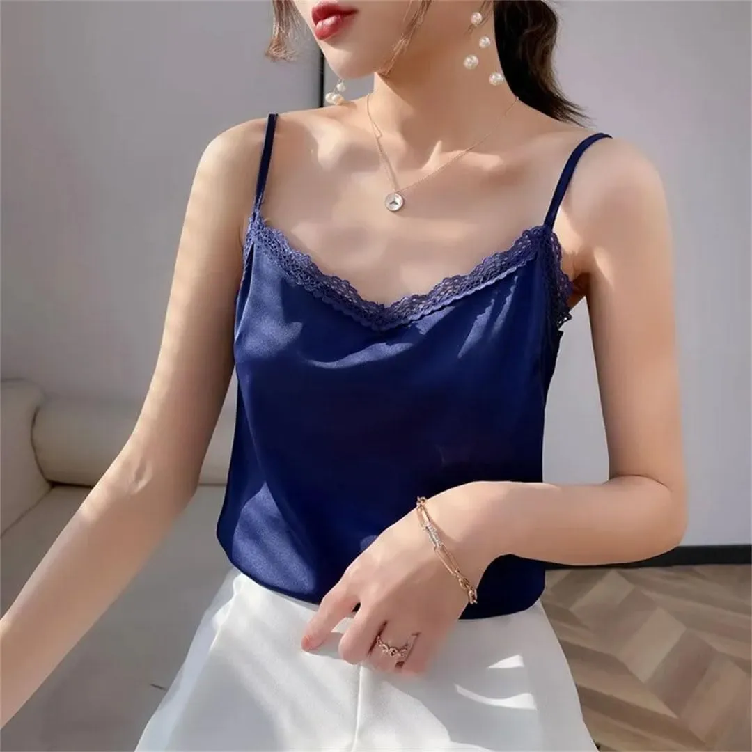 Women's V-Neck Camisole Silk Camis Sexy Lace Bottoming Shirt Sleeveless Top Silk Camisole Satin Camisole