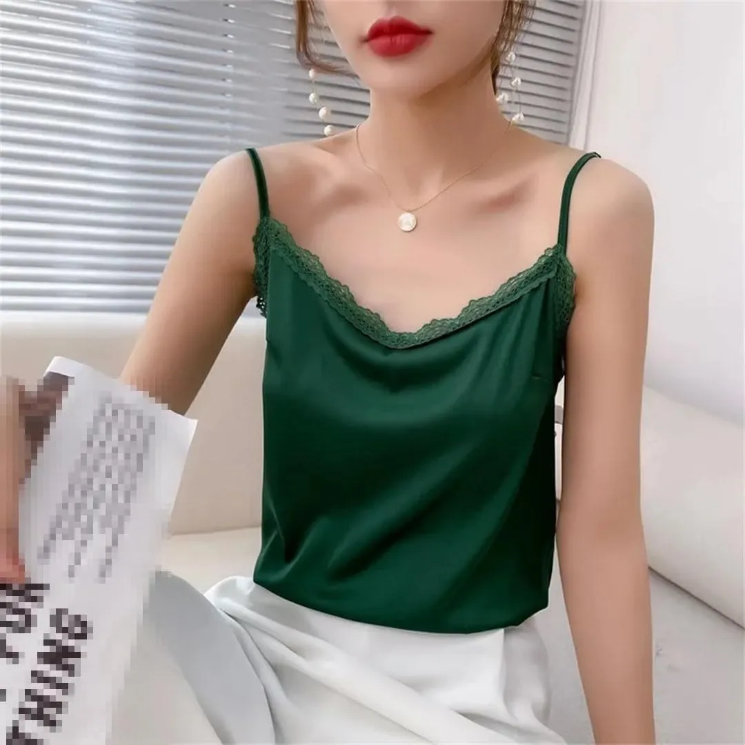 Women's V-Neck Camisole Silk Camis Sexy Lace Bottoming Shirt Sleeveless Top Silk Camisole Satin Camisole