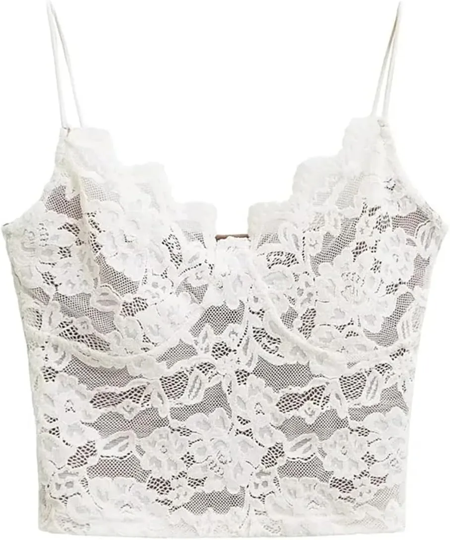 Women's V-Neck Lace Camisole Floral Applique Adjustable Straps Built-in Chest Pad Tank Top