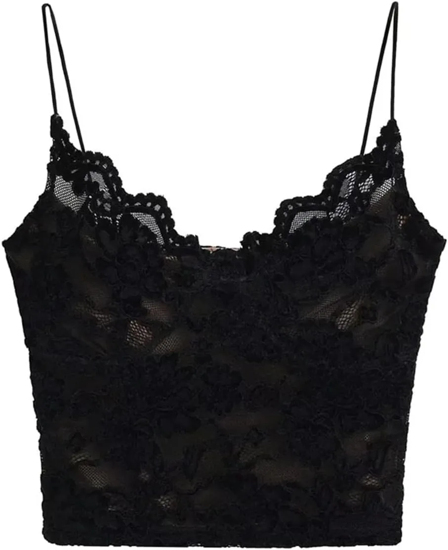 Women's V-Neck Lace Camisole Floral Applique Adjustable Straps Built-in Chest Pad Tank Top