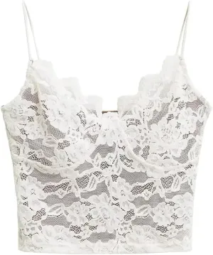 Women's V-Neck Lace Camisole Floral Applique Adjustable Straps Built-in Chest Pad Tank Top