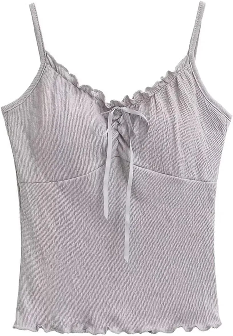 Women's V-Neck Sleeveless Camisole Ruffled Front Lace-Up Built-in Chest Pads Slim Fit Casual Tank Top Sy