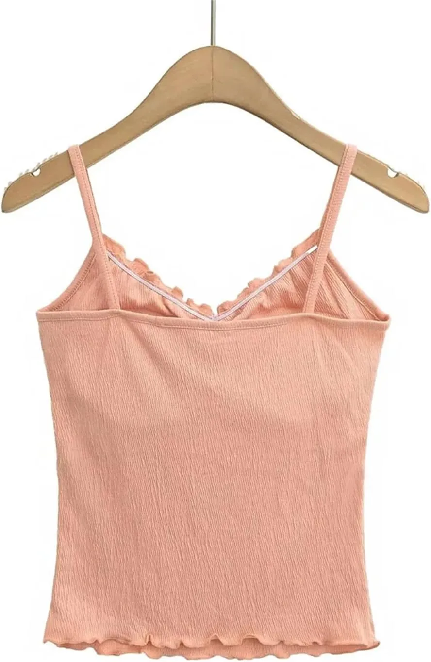 Women's V-Neck Sleeveless Camisole Ruffled Front Lace-Up Built-in Chest Pads Slim Fit Casual Tank Top Sy
