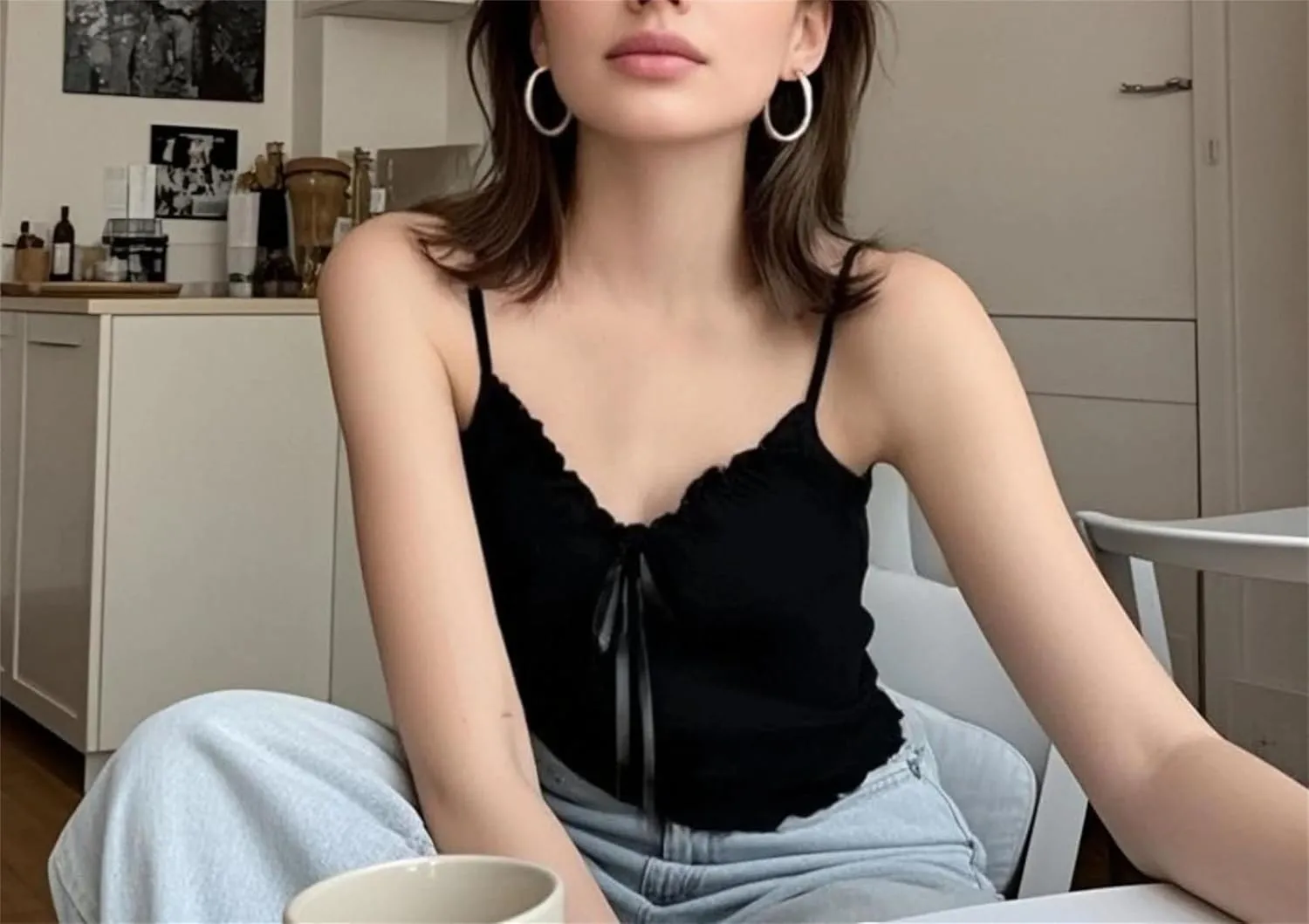 Women's V-Neck Sleeveless Camisole Ruffled Front Lace-Up Built-in Chest Pads Slim Fit Casual Tank Top Sy